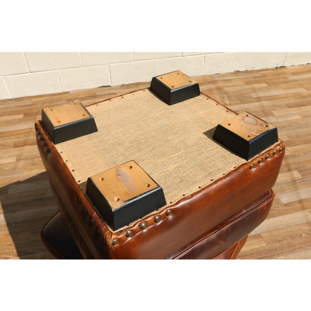 Vintage Pair Art Deco Revival Distressed Brown Leather Club Chairs & Ottomans, 1980s For Sale - Image 18 of 18