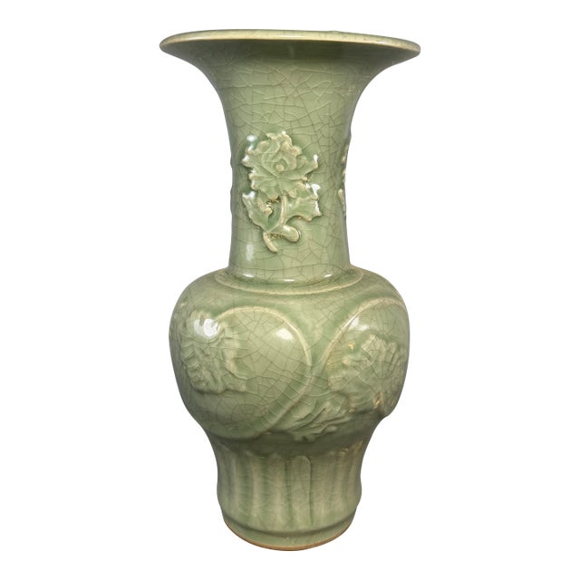 Antique Chinese Longquan Celadon Carved Floral Vase For Sale