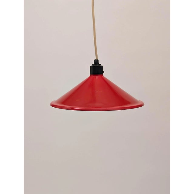 Pair of red, vintage, industrial, enamel Lamps were made in '70s, danish design.