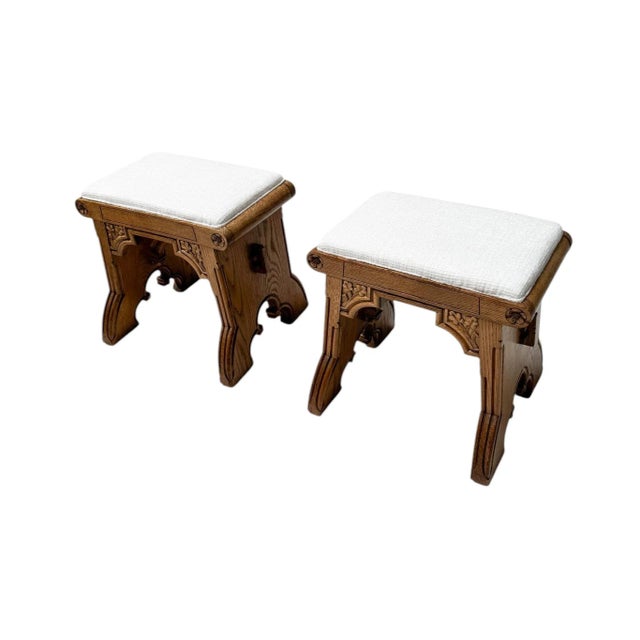 Arts & Crafts Hand-Carved Oak Stools with Boucle Upholstery, 1900s, Set of 2 For Sale - Image 5 of 16