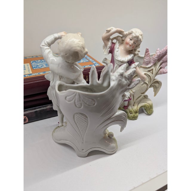 Antique Porcelain Spill Vase Pair – Romantic Boy & Girl Figurines For Sale - Image 4 of 10