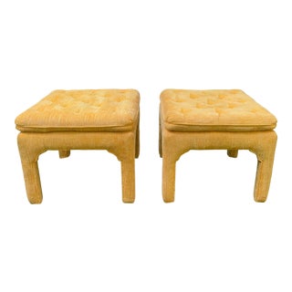 1970s Vintage Hollywood Regency Marigold Chenille Upholstered Parsons Stools After Milo Baughman a Pair For Sale