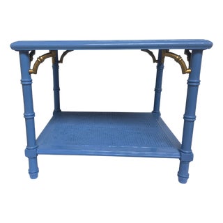 1970s Lane Altavista Wedgewood‑Blue Bamboo‑Style Table • Brass Brackets • Cane Shelf For Sale