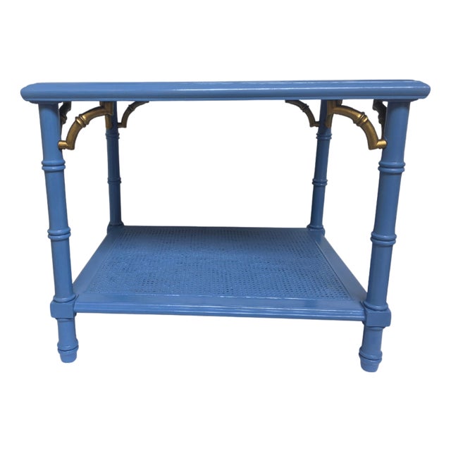 1970s Lane Altavista Wedgewood‑Blue Bamboo‑Style Table • Brass Brackets • Cane Shelf For Sale