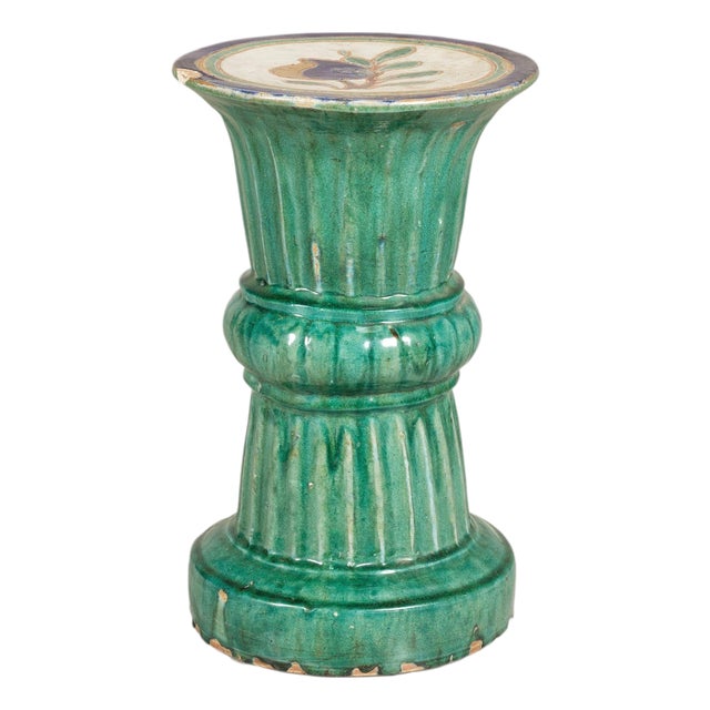 Antique Annamese Green Glazed Ceramic Pedestal with Floral Medallion For Sale