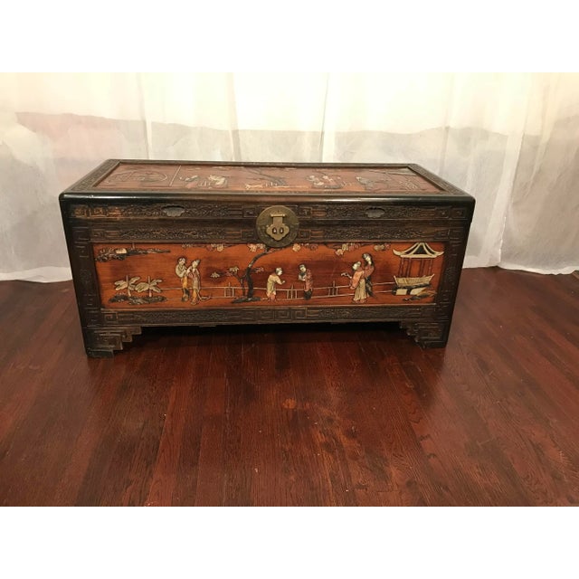 Auburn 1900s Antique Chinese Inlaid Stone Camphor Wood Carved Trunk For Sale - Image 8 of 8