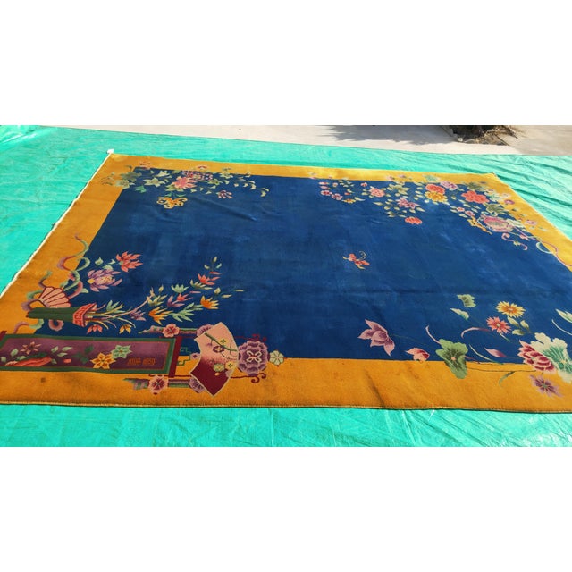 1920s Royal Blue Floral Antique Chinese Art Deco Rug 8'9" X 11'4" Handknotted Wool Carpet For Sale In New York - Image 6 of 6