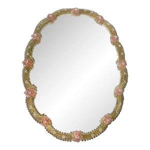 2000s Venetian Oval Gold and Pink Floreal Hand-Carving Mirror in Murano Glass Style