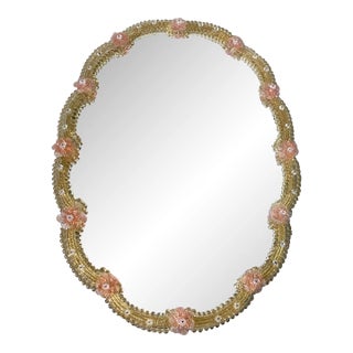 Venetian Oval Gold and Pink Floreal Hand-Carving Mirror in Murano Glass For Sale