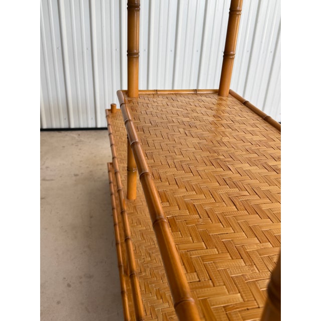 Mid 20th Century Vintage Boho Faux Bamboo Style Tiered Shelf With Rattan Parquetry Weave For Sale - Image 5 of 12