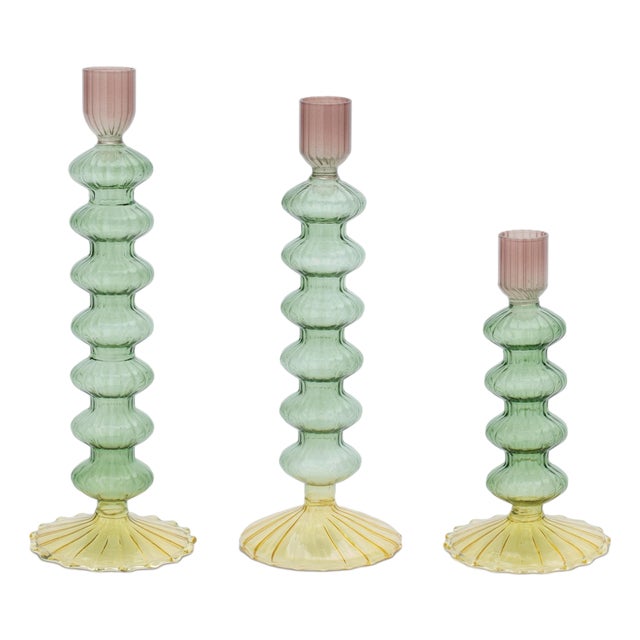 Multicolored Glass Taper Candle Holder (Set of 3) For Sale