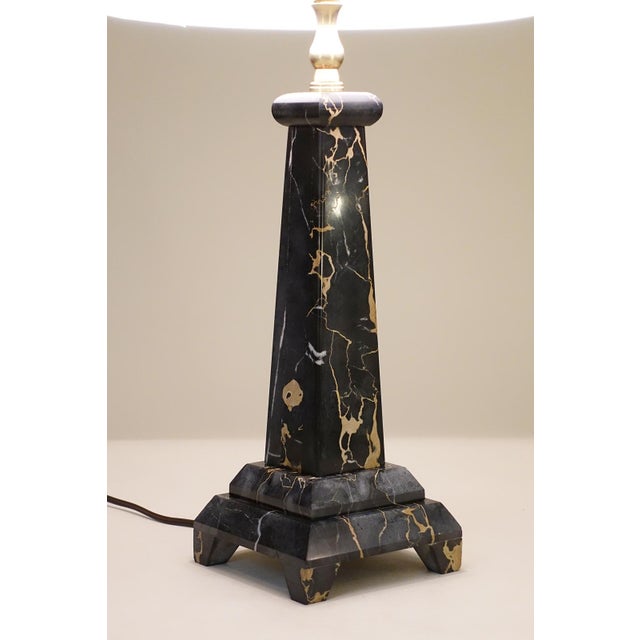 1960s Art Deco Revival Modern Obelisk Column Black Portoro Marble Table Lamp For Sale In Los Angeles - Image 6 of 12