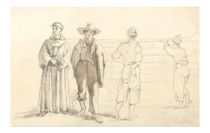 Commoners and Friars - Original Pencil Drawing on Paper y T. Duclère - Mid 1800 Mid 19th Century