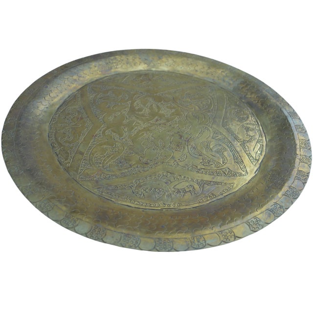 Mid 20th Century Moroccan Hand-Engraved Decorative Brass Tray For Sale - Image 4 of 9