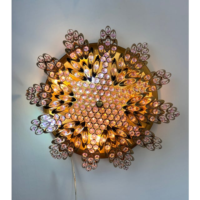 Vintage Brass Sunburst Ceiling Light, Hand-Painted Pink Crystal Beaded Mandala Chandelier, 10-Light Flush Mount For Sale - Image 17 of 18