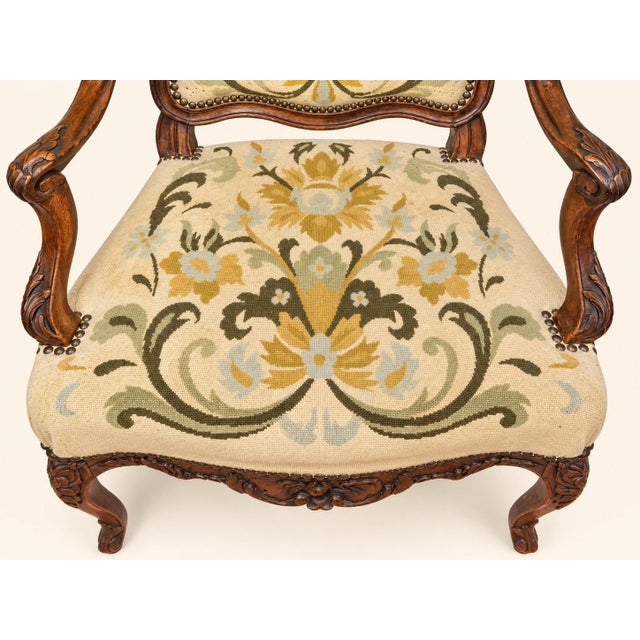 18th Century Louis XV Cabriolet Armchair in Carved Walnut with Petit Point Tapestry For Sale - Image 4 of 8