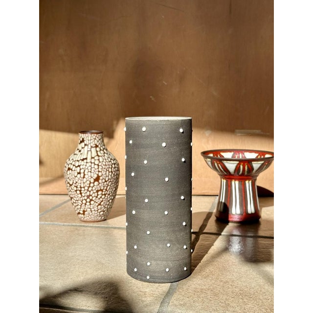 Anthracite Glazed Studio Ceramic Vase Glazed with White Beaded Dots by Johannes Andreas Urban, Germany, 1980s For Sale - Image 4 of 13