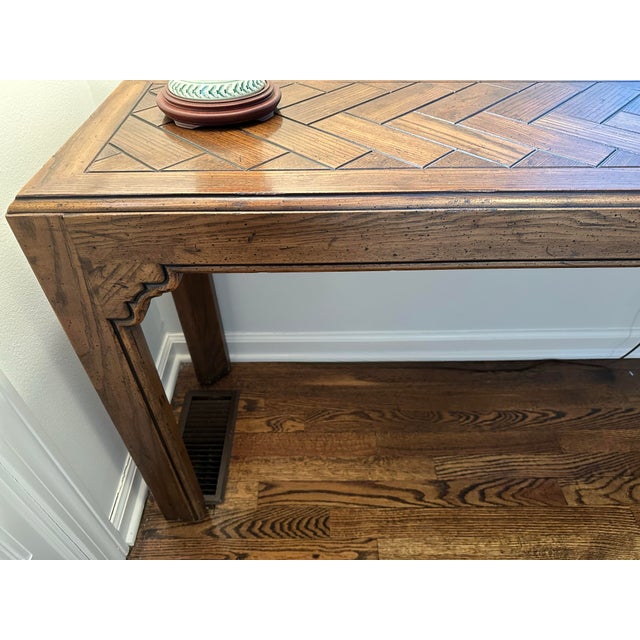 Solid wood, mid century style herringbone top console table, perfect for foyer or behind couch.