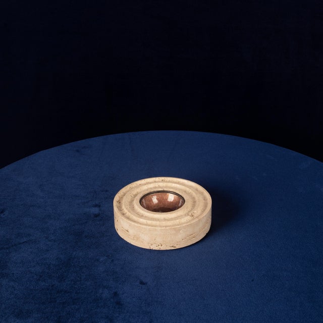 Italian Round Travertine and Copper-Toned Metal Ashtray, 1970 For Sale - Image 13 of 18