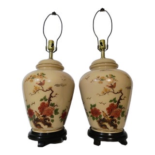 One Lamp Only Rewired 1960s Asian Table Lamp With Floral and Bird Motif For Sale