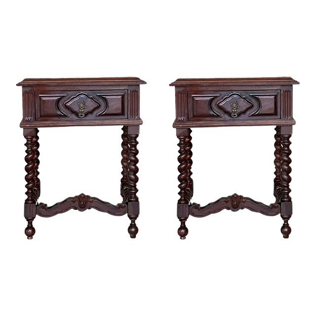 20th Century Pair of Solid Carved French Nightstands With Solomonic Columns For Sale