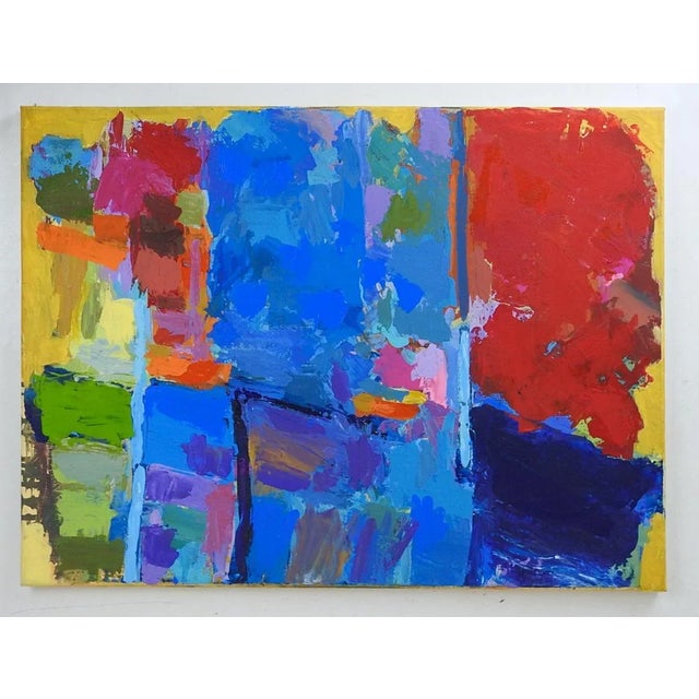 Late 20th century mixed media on canvas abstract painting in red, blues and yellows. Unsigned. Unframed.