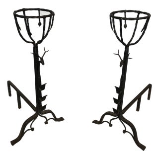 Important pair of wrought iron border andirons with deer heads For Sale