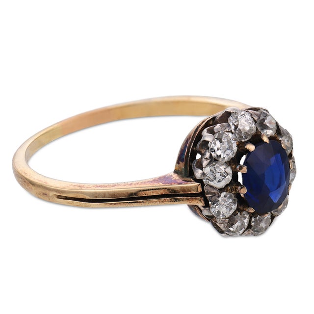 19th Century Victorian Gia No Heat Sapphire Diamond 14k Yellow Gold and Silver Ring, Size 8.25 For Sale - Image 4 of 6