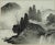 A vintage black and white Japanese painting of a landscape on silk. Appears to be a mid century era painting. This is...