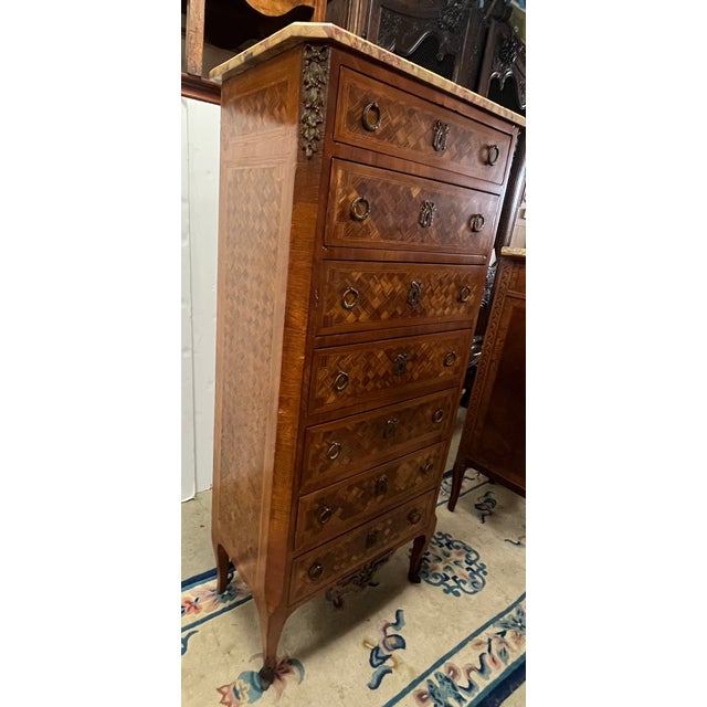 French Turn of the Century French Inlaid Highboy Dresser For Sale - Image 3 of 11