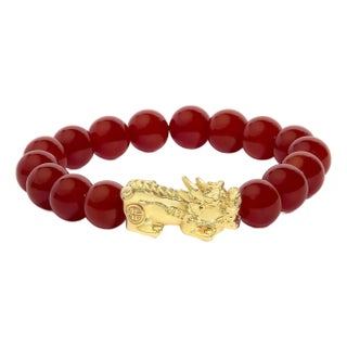 18K Yellow Gold Dragon Charm Red Agate Beaded Charm Bracelet For Sale