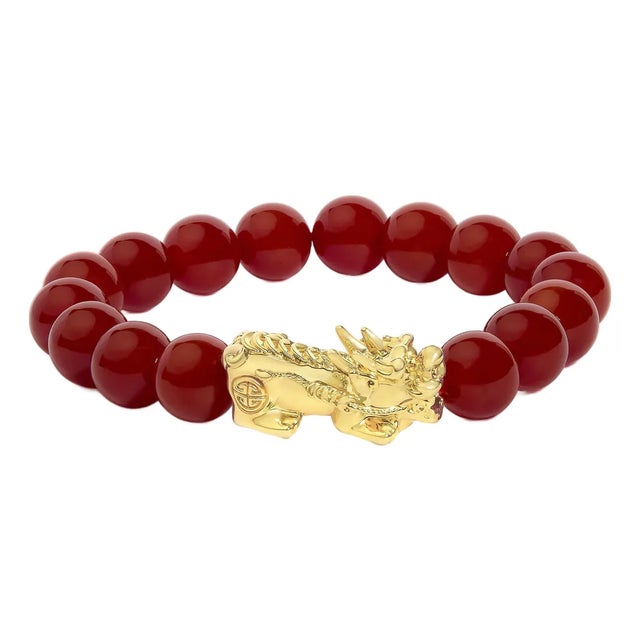 18K Yellow Gold Dragon Charm Red Agate Beaded Charm Bracelet For Sale