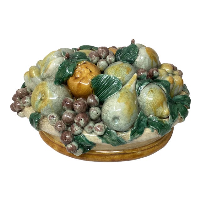 1940s Hand Painted Italian Majolica Large Fruit Basket Centerpiece For Sale