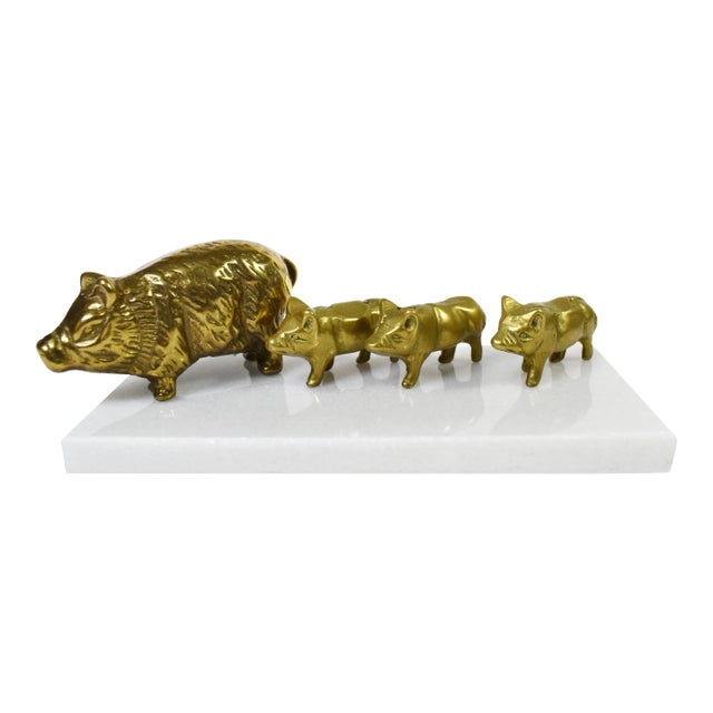 Vintage Brass Pig Family Animal Figurines Model With Marble Stone Base - 5 Pieces For Sale