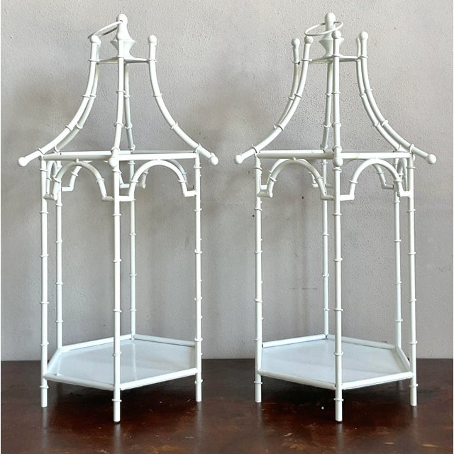 White Vintage Regency Metal Bamboo Candle Lanterns - Set of 2 For Sale - Image 8 of 10