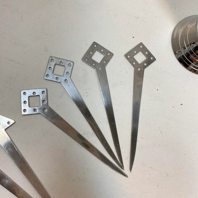 Set of 24 Chrome Over Brass Cocktail Olive Picks With Jigger Holder-Set of 25 For Sale - Image 9 of 10