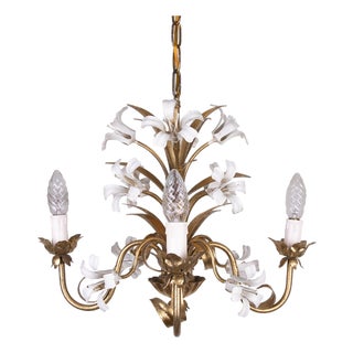 Gilt Chandeliers with White Enamel Lily Flowers, 1950s For Sale