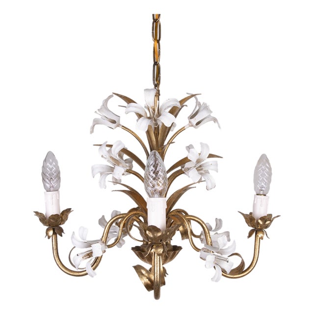 Gilt Chandeliers with White Enamel Lily Flowers, 1950s For Sale