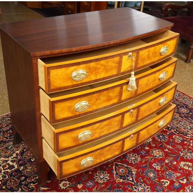 Wood 1990s Henkel Harris Mahogany & Flame Birch Inlaid Rogers Bowfront Dresser Chest For Sale - Image 7 of 17