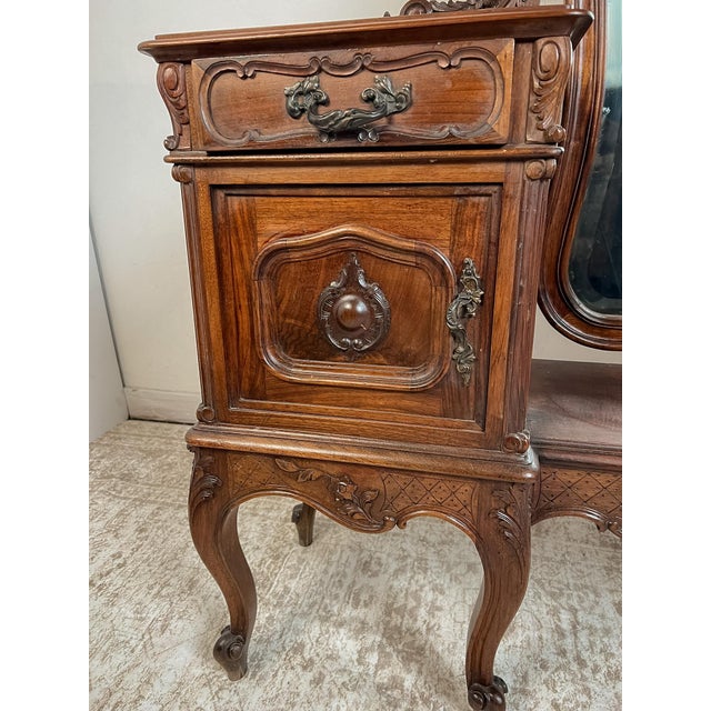 Vintage French Louis XV Style Walnut Vanity With Beveled Mirror For Sale - Image 4 of 4