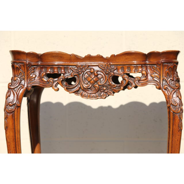1940s Pair of Louis XV Style Marquetry Side Tables/End Tables | French Rococo Revival Carved Wood For Sale - Image 5 of 18
