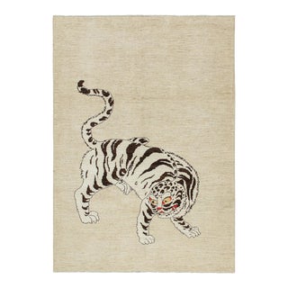 Rug & Kilim’s Classic Style Tiger Rug in Beige With White and Brown Pictorial