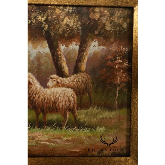 Continental Style Pair of Pastoral Landscape Paintings With Sheep For Sale - Image 14 of 18
