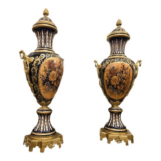 French Style Blue Porcelain Vase Set of 2 With Floral Bouquet Artwork, Gold Leaf & Bronze Accents For Sale