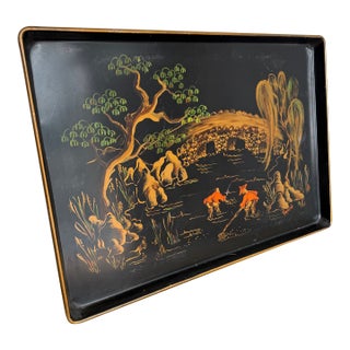 Large Vintage Chinoiserie Hand-Painted Metal Tray For Sale