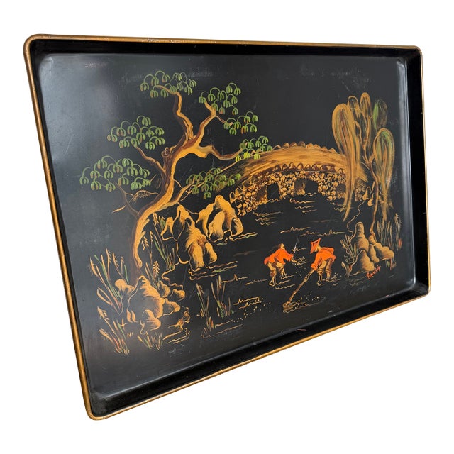 Large Vintage Chinoiserie Hand-Painted Metal Tray For Sale