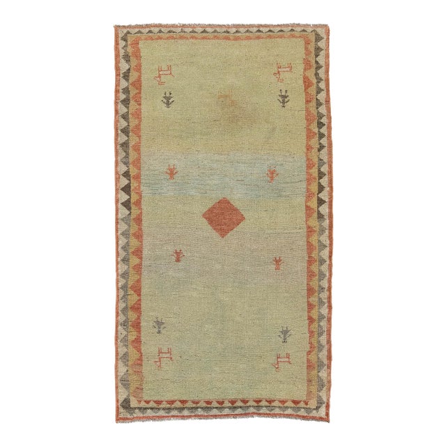 Modern Minimalist Persian Gabbeh Wool Runner – Earthy Beige & Rust Tribal Motif For Sale