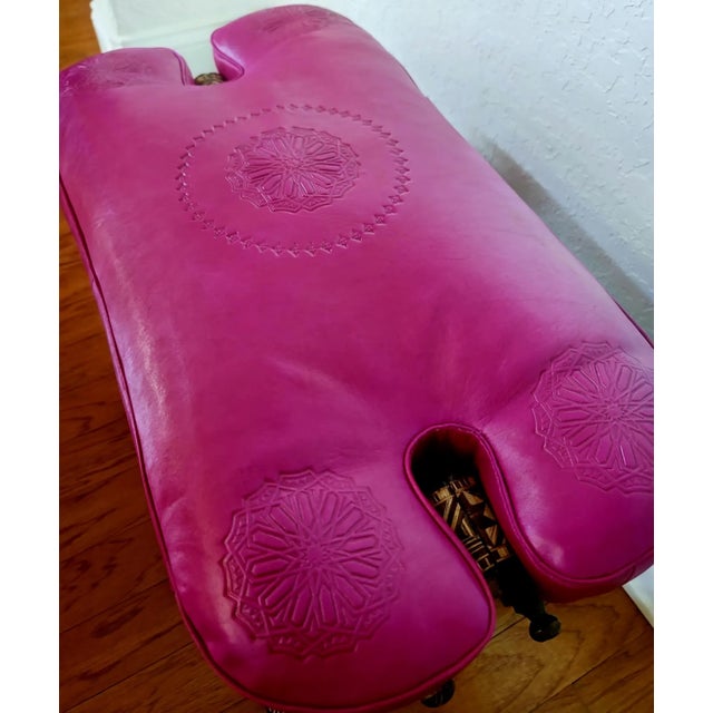 Handcrafted Moroccan Camel Saddle, Genuine Leather Cushion Stool / Pink For Sale In Orlando - Image 6 of 10