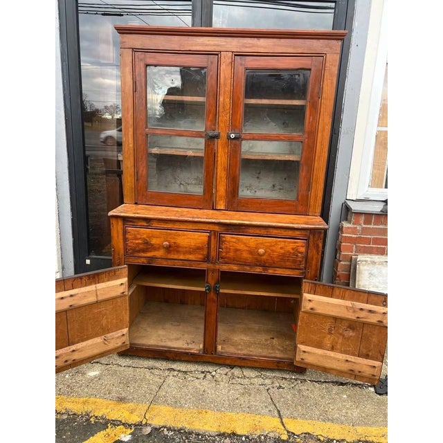 Farmhouse 19th Century Antique Early American Rustic Oak Pine Two-Part Display Cupboard Cabinet For Sale - Image 3 of 12