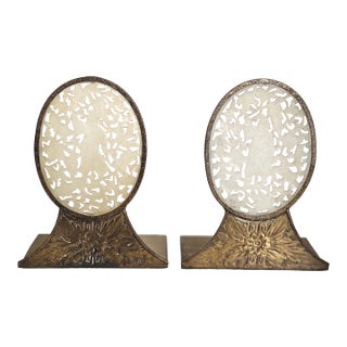 Antique Chinese Carved Jade Bookends With Brass Floral Bases — Scholar Motif Pair For Sale
